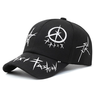 Streetwear black baseball cap with white graffiti stars and Fashion embroidery on brim