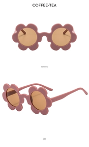 Front and side views of pink flower-shaped children's sunglasses with tea lenses
