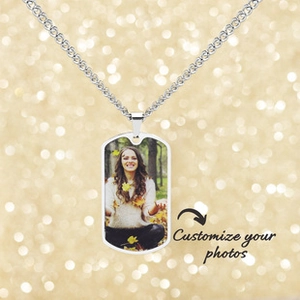 Macro detail of custom stainless steel dog tag pendant showing personalized photo engraving