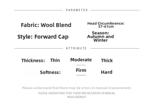 Detailed chart of wool blend flat cap specifications and size guide for autumn and winter