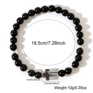 Black matte onyx beaded bracelet with silver gothic cross pendant and sizing specs