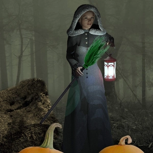 Green LED Halloween witch broom with detachable handle for spooky party decor
