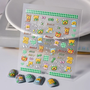 5D Relief Nail Stickers Cartoon Koala Pattern Waterproof Self Adhesive Cute Animal Heart Checkerboard For DIY Manicure