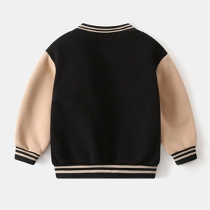 Back view of boys' baseball jacket with striped ribbed collar and warm fleece lining