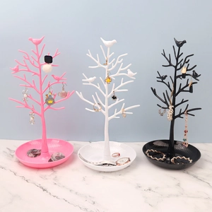 Bird Tree Jewelry Display Stand Organizer ABS Plastic Branches Round Tray Base For Necklace Earring Ring Storage