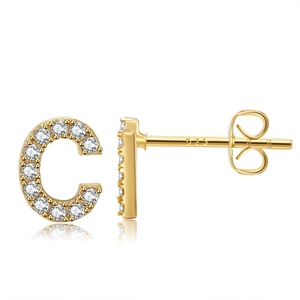 Macro shot of 18k gold plated brass Letter C stud earrings with pavé zircon crystals