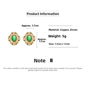 Detailed view of 1.7cm oval green zircon stud earring with floral cluster design and size info