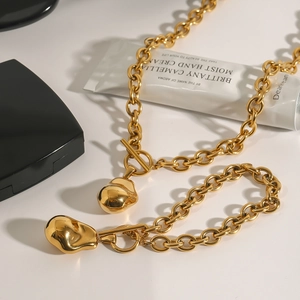 18K gold plated stainless steel chunky chain bracelet with irregular lava pendant and OT toggle