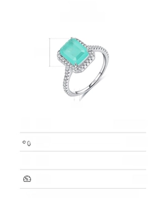 Detailed specs of S925 silver ring featuring a 7x9mm mint green rectangle gemstone