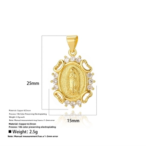 Macro view of 18k gold-plated Virgin Mary pendant with cubic zirconia and measurements