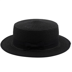 Classic black flat top boater straw hat with ribbon bow decoration for summer beach vacation