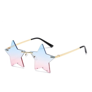 Close-up of star-shaped sunglasses with blue-pink gradient lenses and gold metal frame