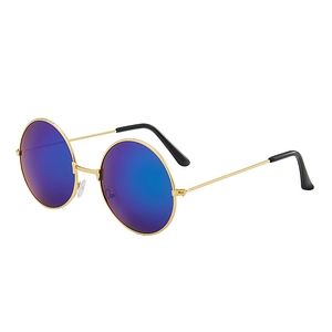 Detail view of round retro sunglasses with blue mirrored lenses and gold metal frames