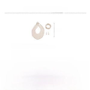 Detailed spec sheet showing multi-layer pearl necklace dimensions and rhinestone accents