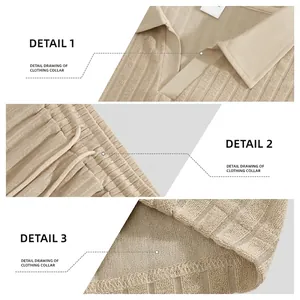 Men's summer casual beige knit set with vertical stripe texture, polo collar and shorts