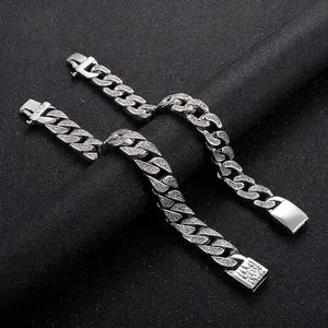 Men Cuban Link Bracelet 316L Stainless Steel Pave Zircon Rhinestone Hip Hop Rock Streetwear Jewelry