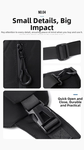 Detail view of durable black nylon chest bag with waterproof zippers and metal hooks