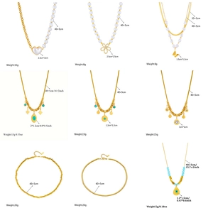 Collection of nine gold necklaces with pearls and gemstones in a grid layout showreel