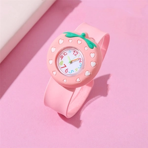 Pink strawberry children's silicone slap watch with colorful dial on a soft pink background