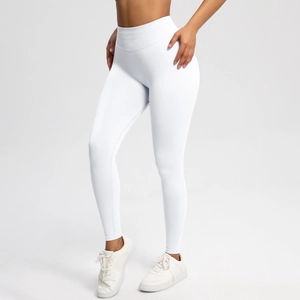 Detailansicht der weißen, nahtlosen Yoga-Leggings mit hohem Bund und Bauchweg-Effekt