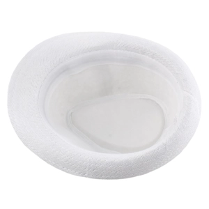 Detailed interior of the white woven linen fedora hat showing sweatband and craftsmanship