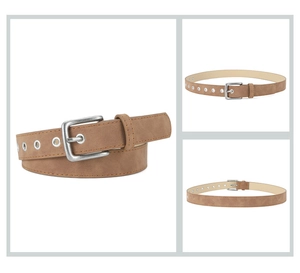 Detail view of brown matte leather belt with silver buckle and metal eyelets on white back