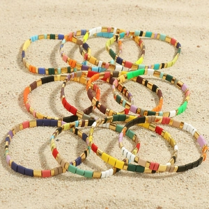 Bohemian Tila Bead Bracelet Handmade Enamel Alloy Elastic Stretch Bangle For Women Summer Beach Style Jewelry