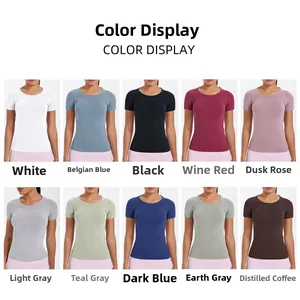 Griglia di 10 colori a tinta unita per t-shirt da yoga sportive slim-fit da donna a girocollo