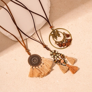 Bohemian Ethnic Long Pendant Necklace Vintage Bronze Alloy Butterfly Flower Mandala Design With Cotton Tassels For Women