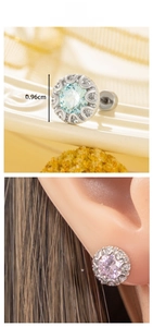 Macro shot showing blue and pink gemstone stud earrings with 0.96cm diameter scale