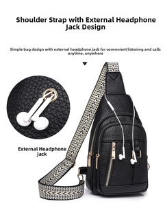 Close-up of the black lychee pattern chest bag with a functional external earphone hole