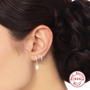 Elegant S925 sterling silver hoop earrings with baroque pearl and turquoise blue inlay