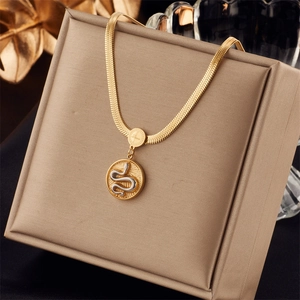 Snake pendant gold necklace with turquoise butterfly and engraved Love coin charm