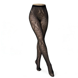 Detail of black wave pattern fishnet tights with wide elastic waistband on legs