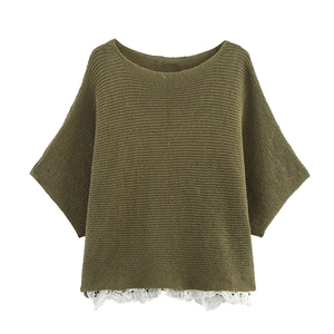 Women Knit Pullover Top Round Neck Half Sleeve Lace Patchwork Loose Elegant Army Green Casual Sweaters