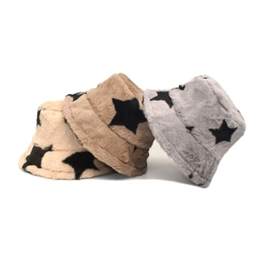 Winter plush bucket hats with star print in beige, light brown, and gray colors