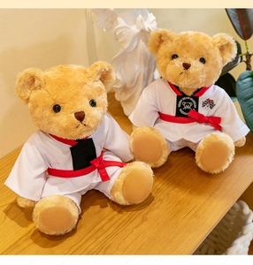 Vue détaillée de deux ours en peluche Taekwondo portant des uniformes d'arts marciaux