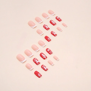Christmas press-on nails with red reindeer and snowflake designs in round square shape