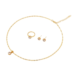 Classic 3-piece gold jewelry set with six-prong round zircon necklace, ring, and earrings