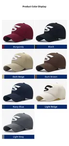 Detailed grid showing seven color options of cotton baseball caps with S embroidery