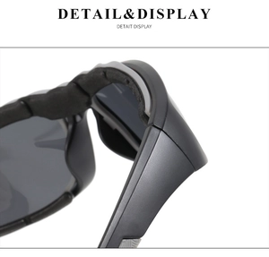 Detail view of polarised sports sunglasses featuring a matte frame and thick foam padding