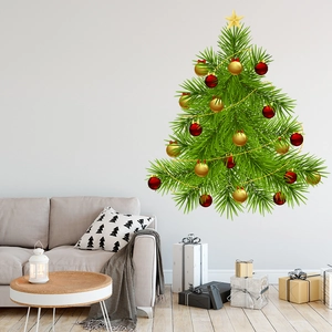 Christmas tree wall sticker with gold stars and red ornaments for living room decor
