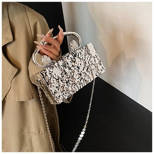 Detail of acrylic evening bag with black and white ice-crack pattern and silver lion handle