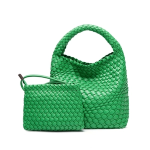 Green woven leather tote bag set including a small pouch with detailed craftsmanship
