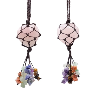 Natural rose quartz heart pendant with colorful stones in handmade woven mesh wrap