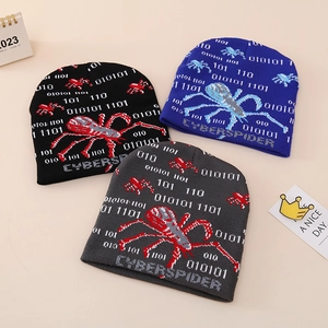 Kids knitted Cyber Spider beanies in black, blue and grey with binary code patterns