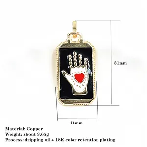 Punk rectangular copper tarot pendant with black hand and red heart in 18K gold plating
