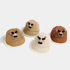 Kids corduroy winter bucket hat with lamb wool trim and cute reindeer cartoon design