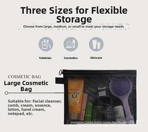 Nylon mesh cosmetic bag detail showing large capacity storage for toiletries and makeup