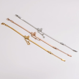 Three-piece stainless steel butterfly tassel bracelets in gold, silver, and rose gold